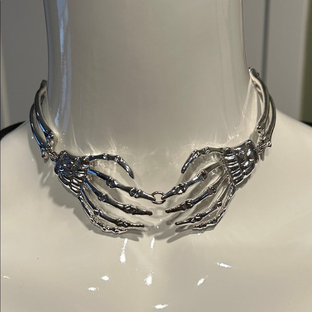 Gothic Skeleton Hands Necklace β Statement Choker β Silver Tone π€ - Picture 2 of 9